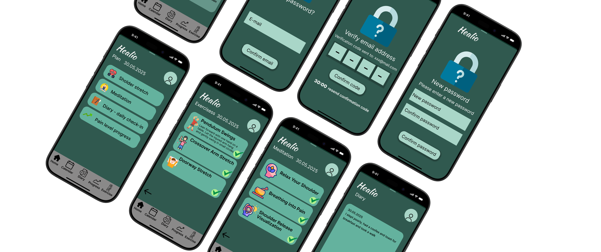 Multiple mobile phones displaying a health and fitness app with features like symptom tracking, exercises, meditation, and profile creation, all on a black background.