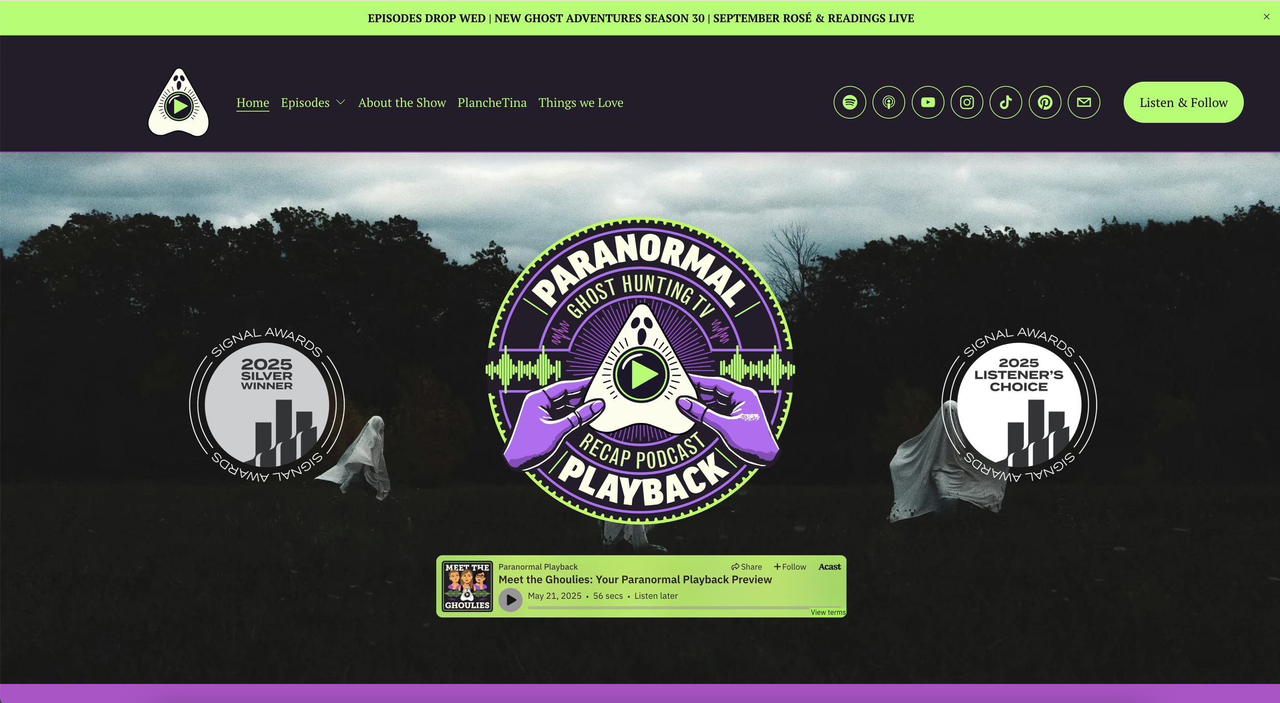 Website homepage for Paranormal Ghost Hunting TV recap podcast, featuring a dark outdoor background with trees, two white figures covered with sheets, and awards for 2025 Silver Winner and Listeners' Choice."