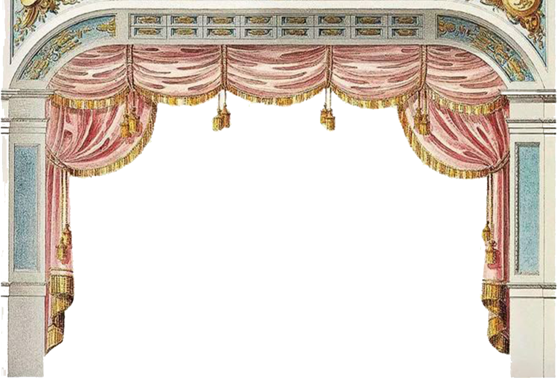 A decorative theater stage with pink velvet curtains and ornate gold trim. The stage has an arch with intricate patterns and a painted ceiling above.