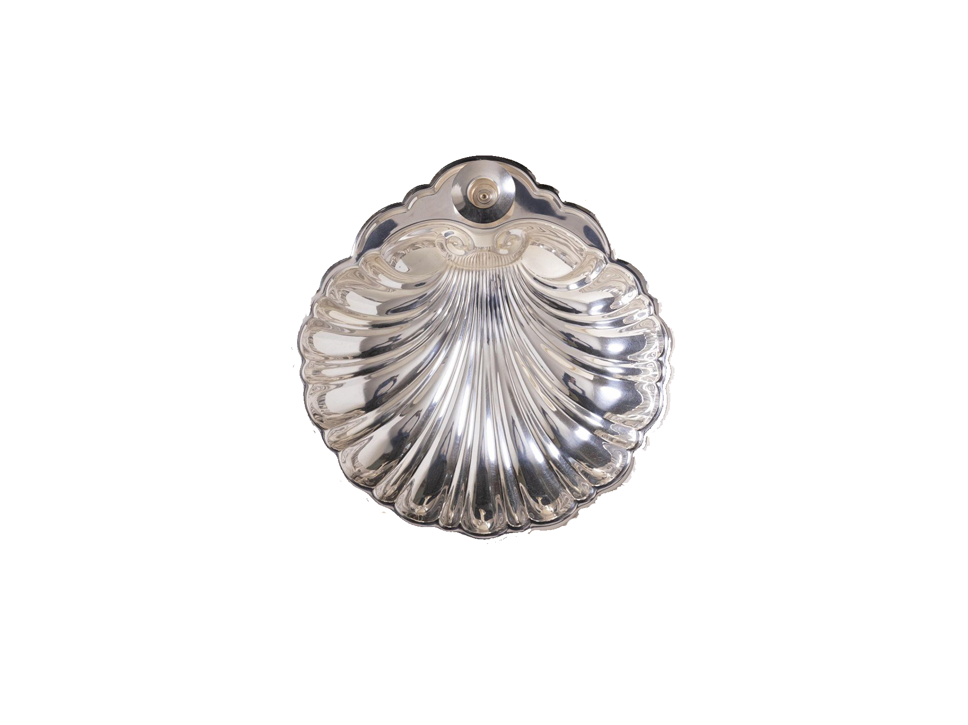 Silver scalloped shell-shaped compact mirror with a reflective finish.