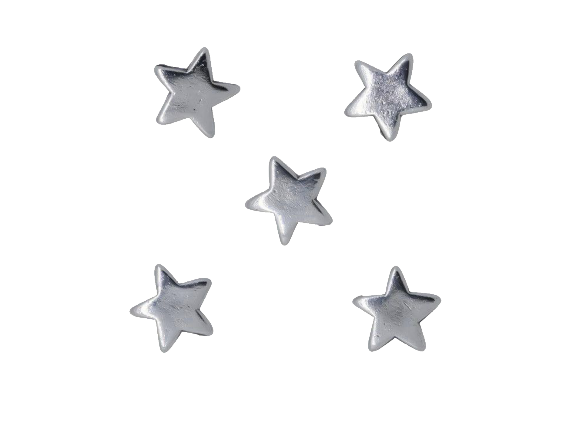 Four silver star-shaped objects arranged vertically against a black background.