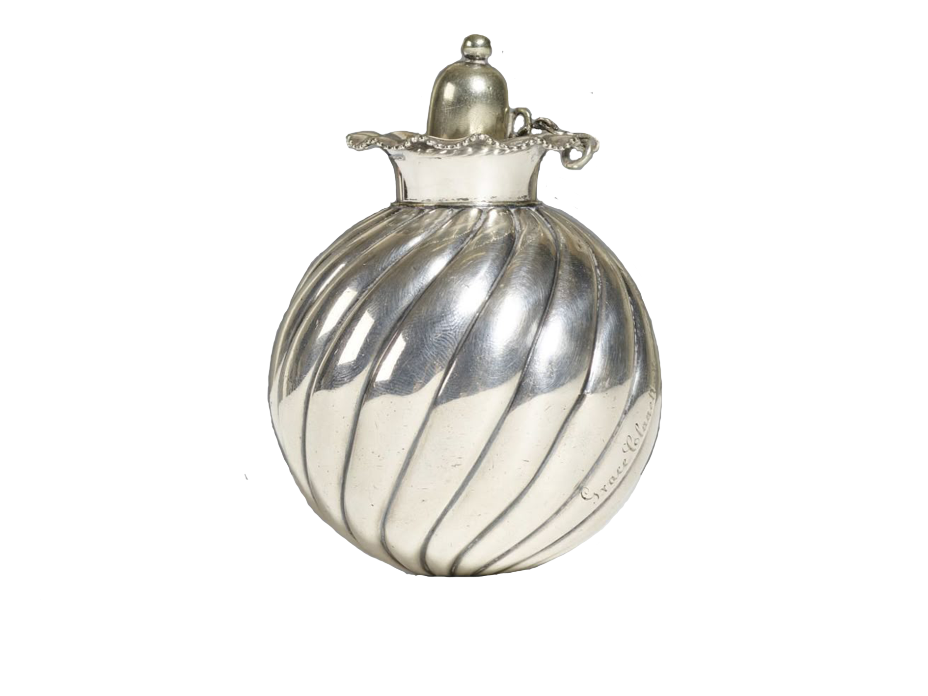 Silver perfume bottle with a rounded, striped design and a decorative stopper.