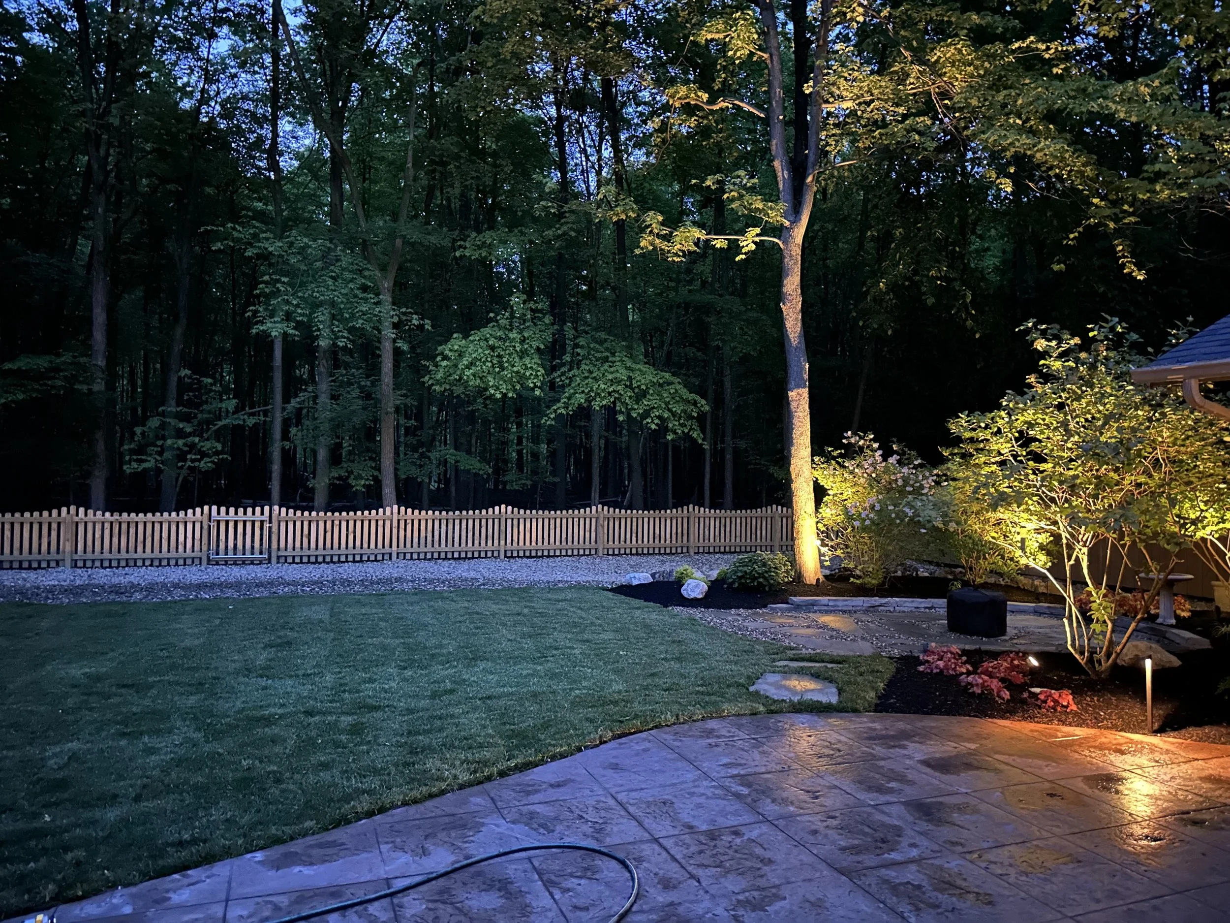 Nighttime view of a backyard with a lit tree and bushes, a wooden fence in the background, a grassy lawn, and a stone patio with outdoor lighting illuminating the scene.