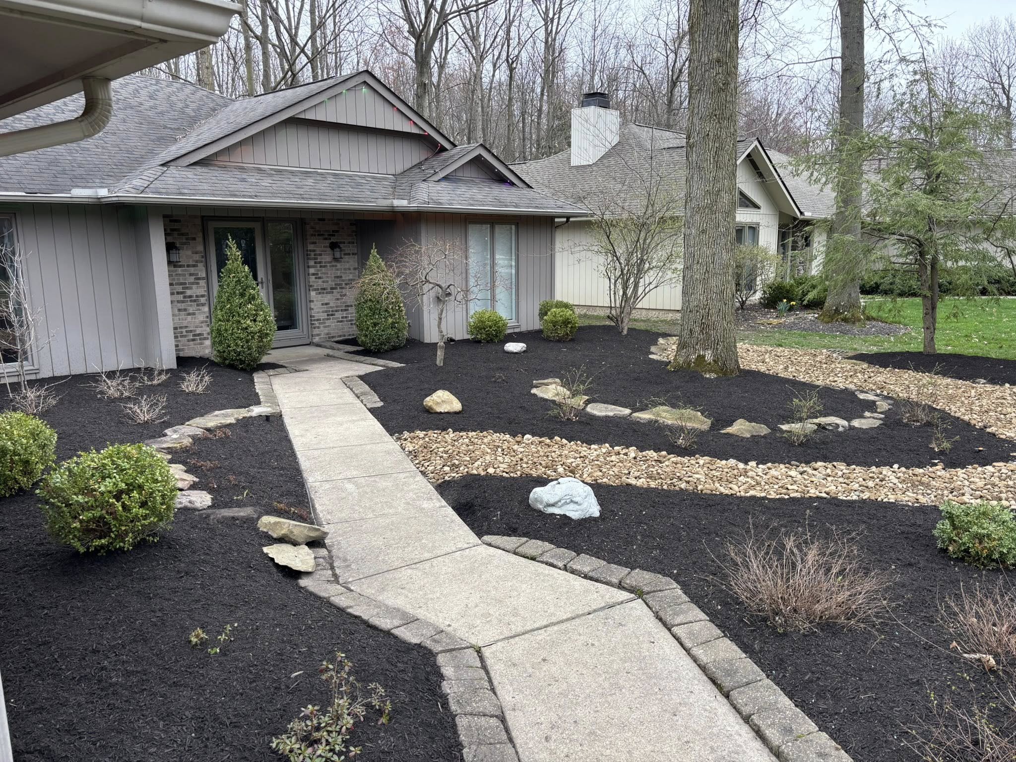 Front yard garden with a concrete walkway, small bushes, trees, rocks, and mulch around a residential house.