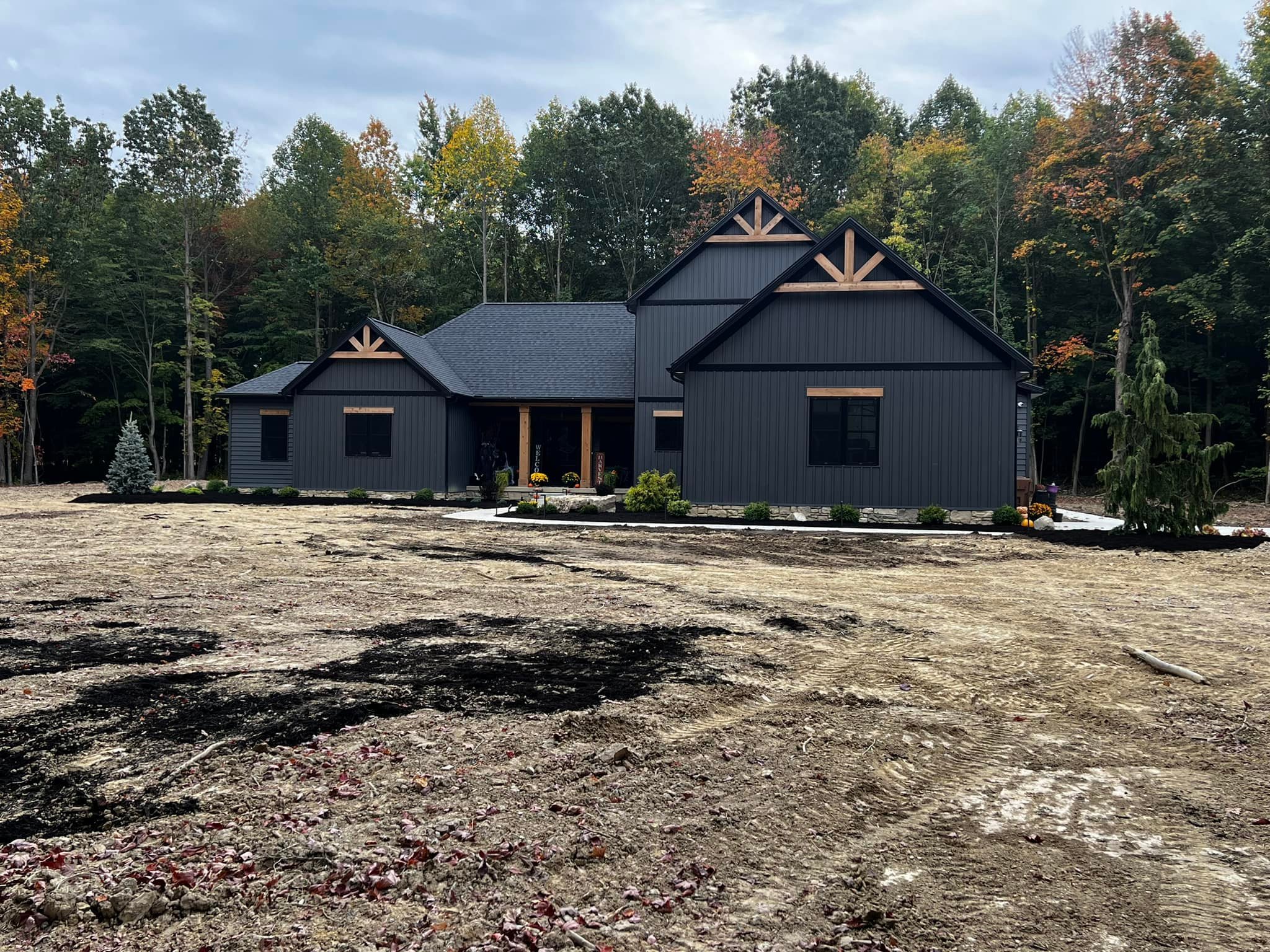 newly constructed house with modern black siding and wooden accents, surrounded by trees and bare ground