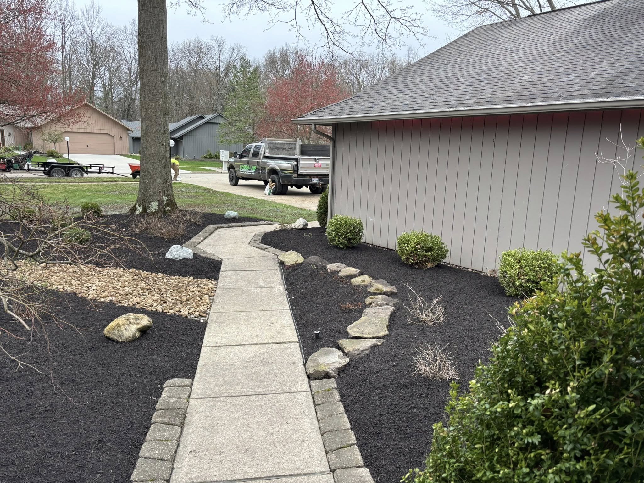 A concrete pathway in a garden area with black mulch and small bushes, leading to a driveway with parked trucks and houses in the background.