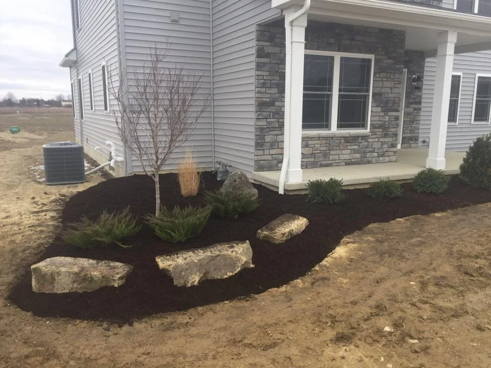 Newly landscaped front yard with bushes, small trees, rocks, and dark mulch next to a house with gray siding and stone accents.