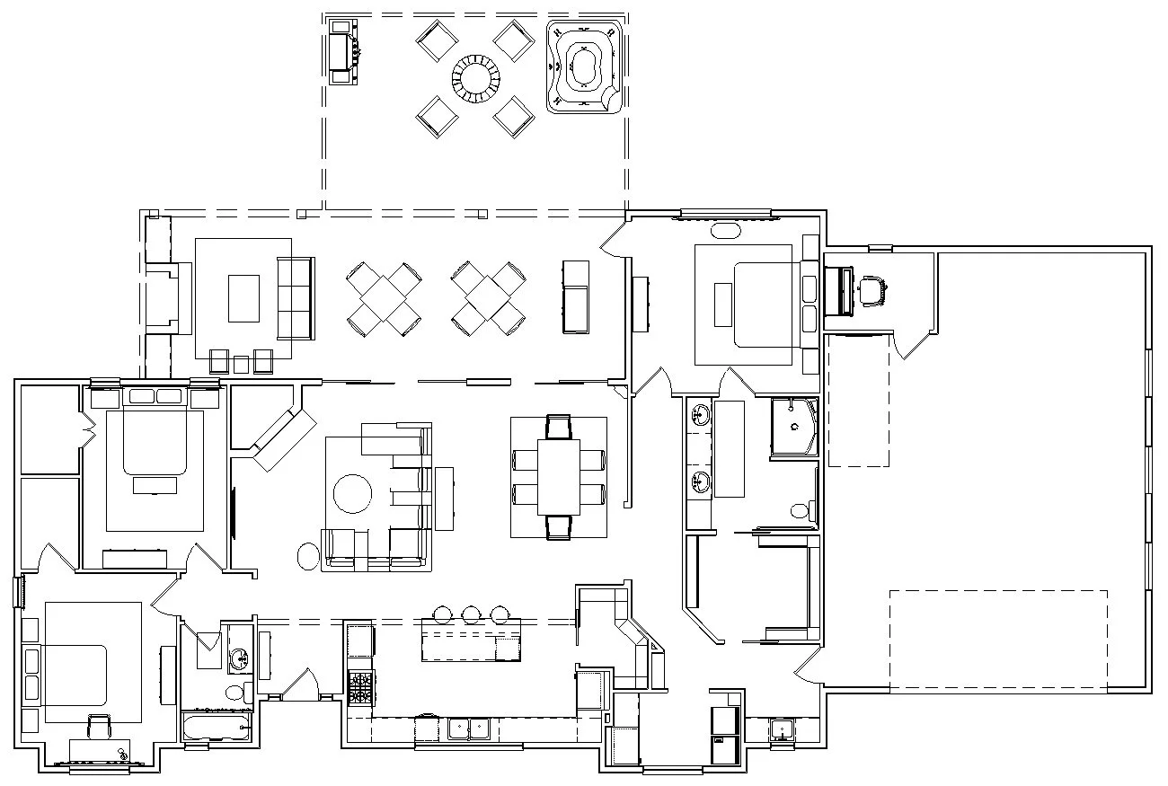 Architectural floor plan of a house with multiple rooms, including bedrooms, bathrooms, living areas, kitchen, dining room, office, laundry, garage, and outdoor patio area with seating and hot tub.
