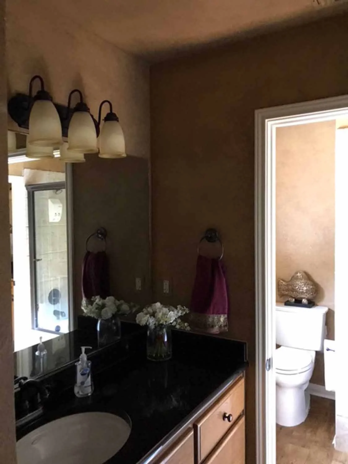 Bathroom vanity with a black countertop, a sink, a vase with white flowers, and two wall-mounted towel rings with towels. A mirror reflects part of the room, and a light fixture with four lamps is above the mirror. To the right, there's a door leadin