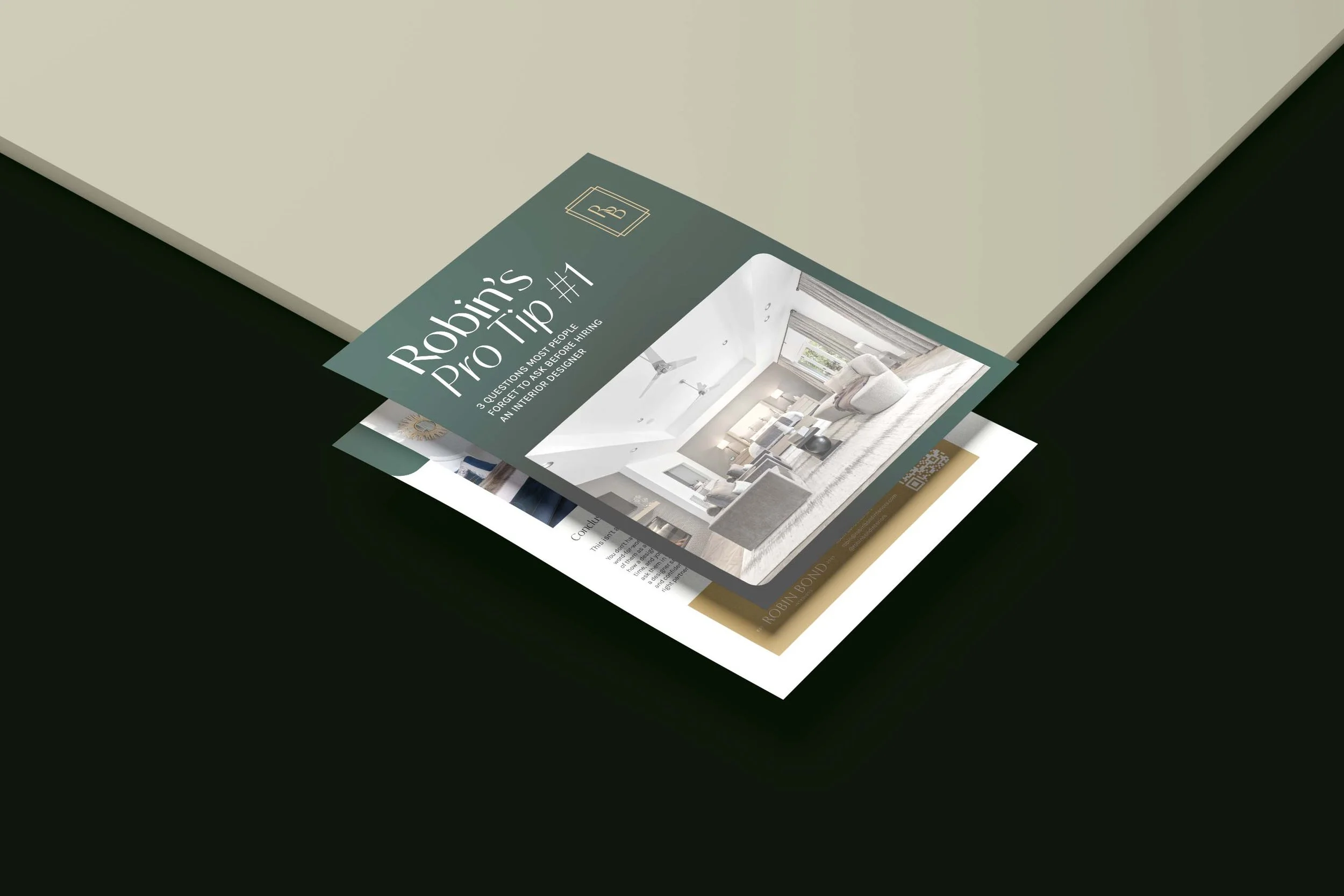 Flyer for Robin's Pro Tip #1 with an interior design image of a modern, light-colored living room.