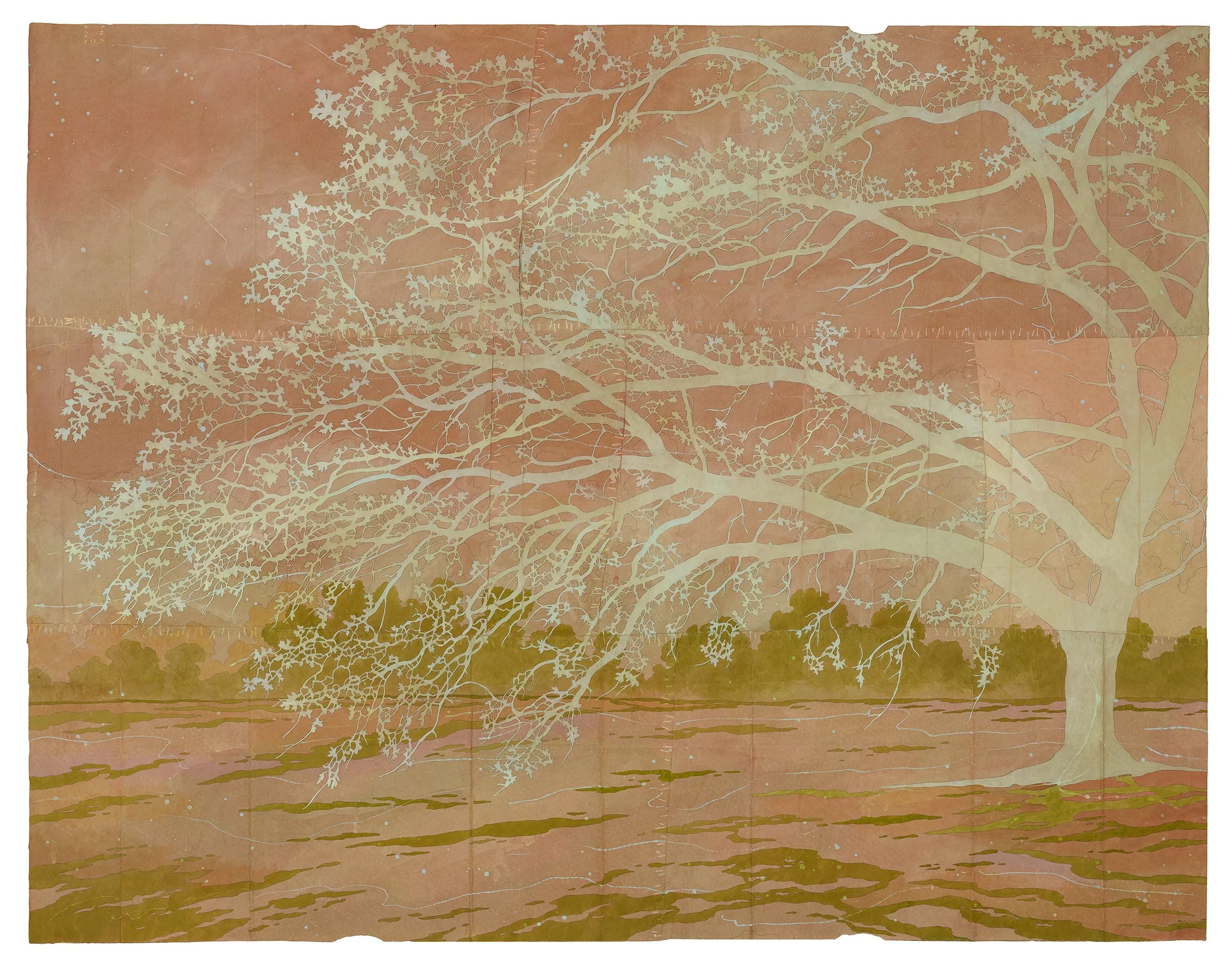 whimsical tree in foreground with beiges, greens and creams