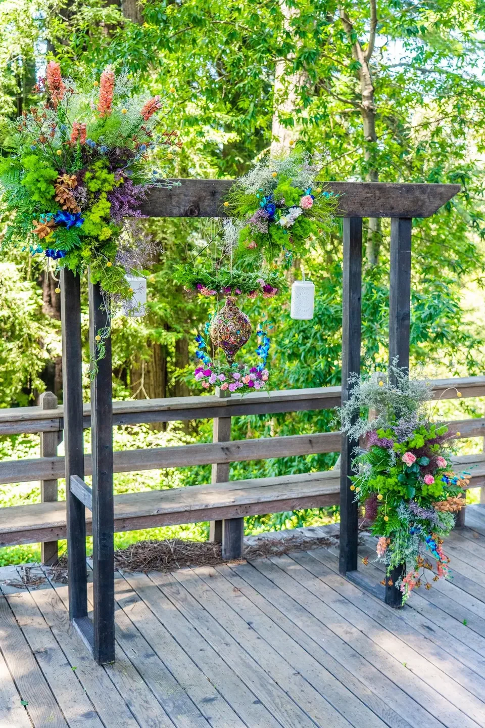 wooden alter with flowers, forest background in Carmel
