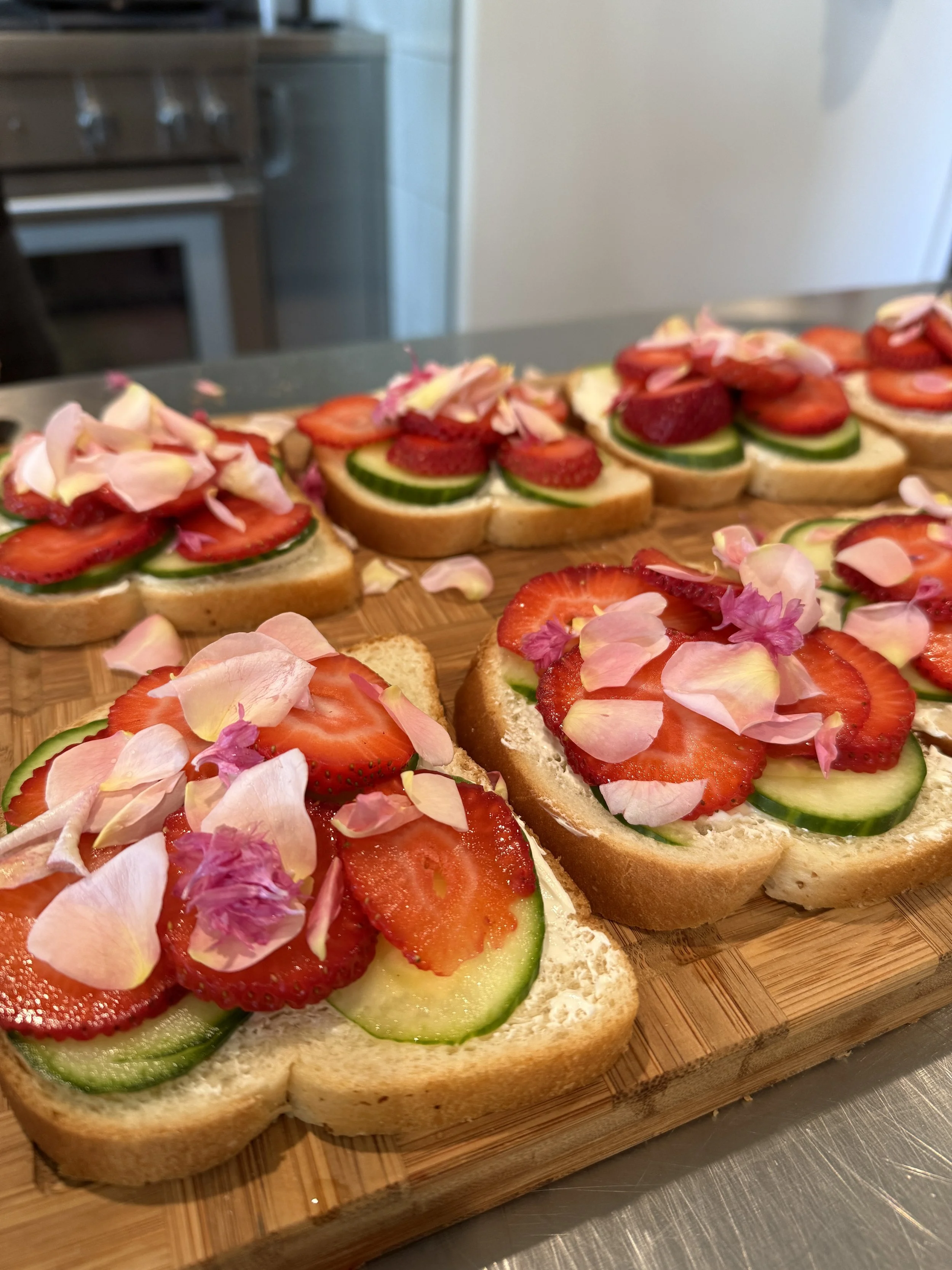 Strawberry cucumber rose petal open face sandwiches