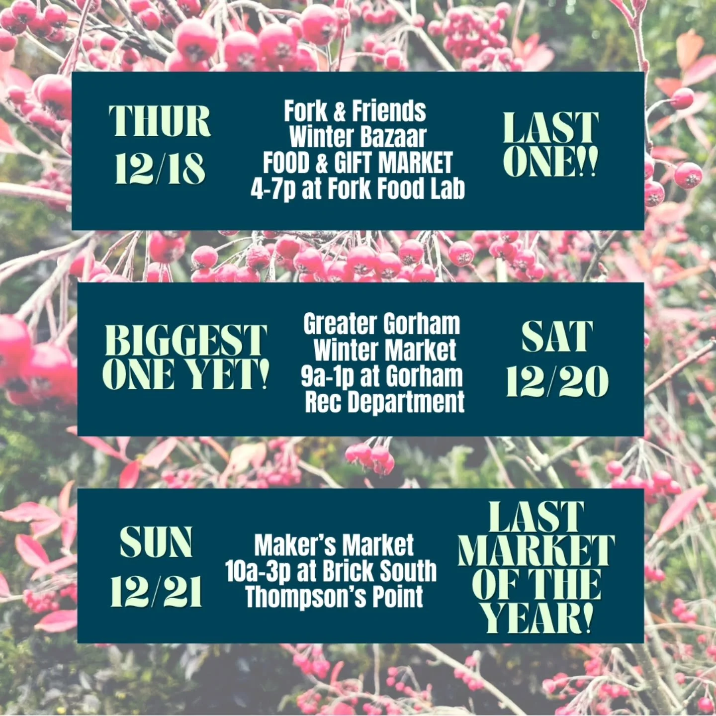 LAST MARKETS OF THE YEAR!!
What an incredible year it has been and we are going out with a BANG!! 

ALL OUR CLASSICS - 
In Bloom 
Lime Aid 
Blueberry Snap Punch
Bloody Mary
&amp; Cranberry Jam

HOT DRINK KITS - great for stocking stuffers, host gifts