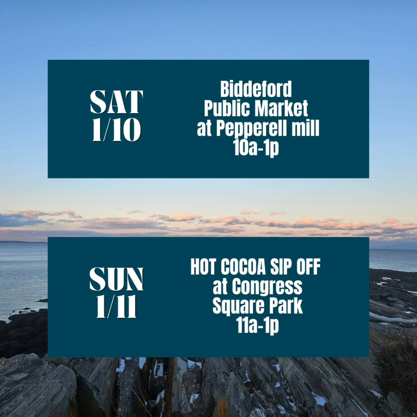 💥 THIS WEEKEND 💥 

SATURDAY find us @biddefordpublicmarket for their winter series!
Pumped to be a part of this wonderful market!
We'll have all our classics plus our hot drink kits &amp; more to stay cozy!

SUNDAY we return to the Annual Hot Cocoa