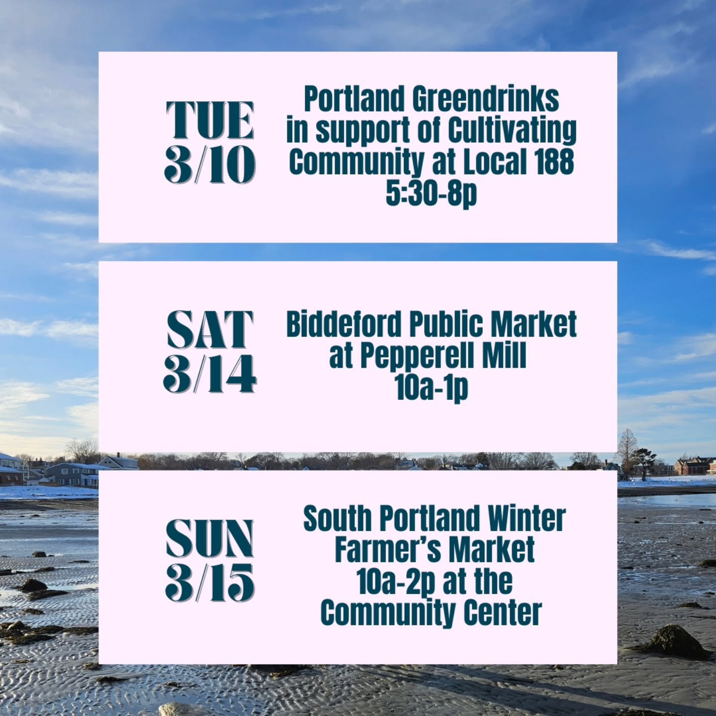 ☀️FIND US THIS WEEK☀️
Starting TONIGHT Tuesday @portlandgreendrinks we'll be slinging a special mocktail to benefit @cultivatingcommunitymaine with tons of other amazing beverage partners! Grab your ticket &amp; bring your favorite cup! 5:30-8pm

SAT