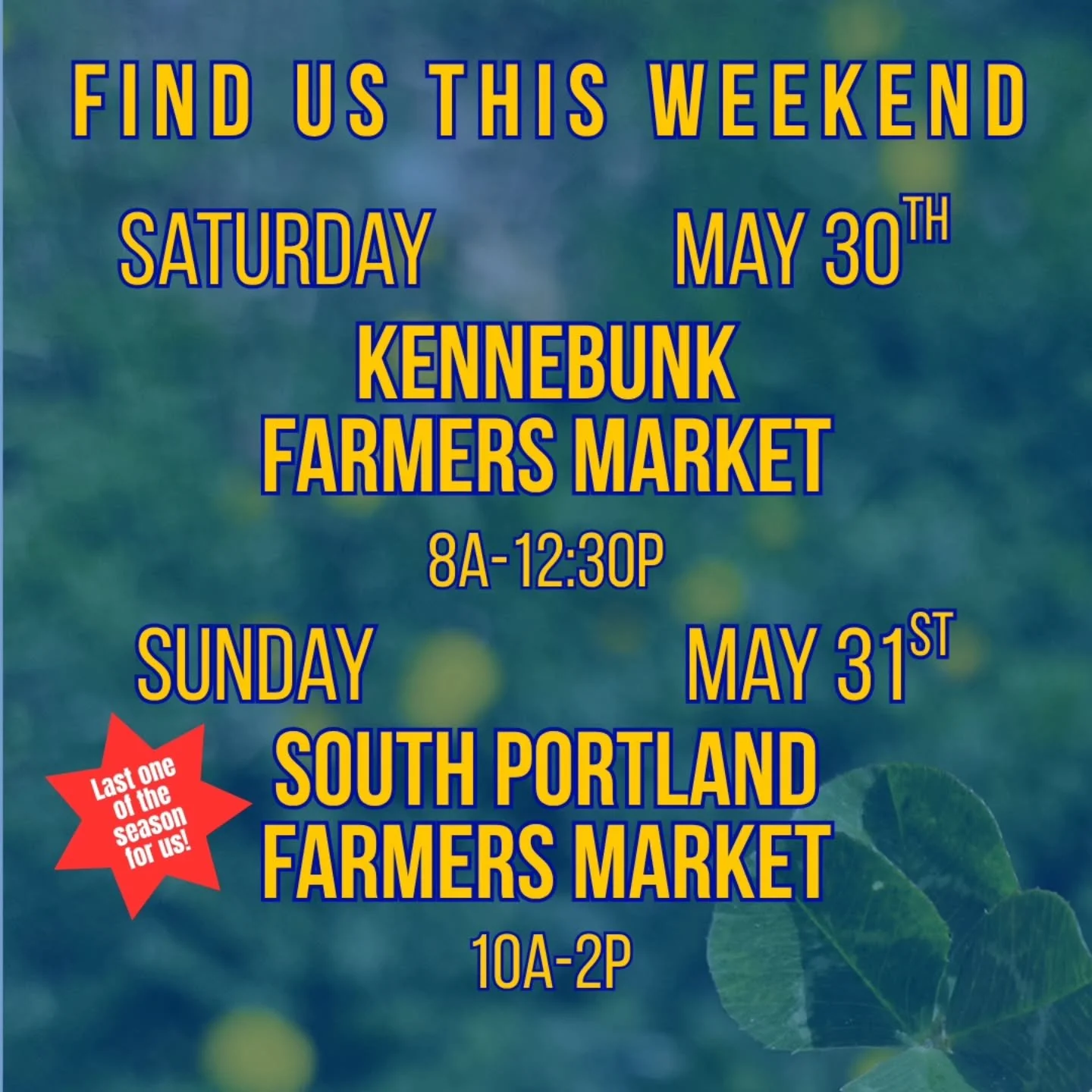 This weekend here we go!
First up SATURDAY catch us back @kennebunkfarmersmarket with of course all our classics PLUS our new special Rhubarb Ginger Snap!

And then catch us for the LAST TIME of the season at the wonderful @sopofarmersmarket on SUNDA