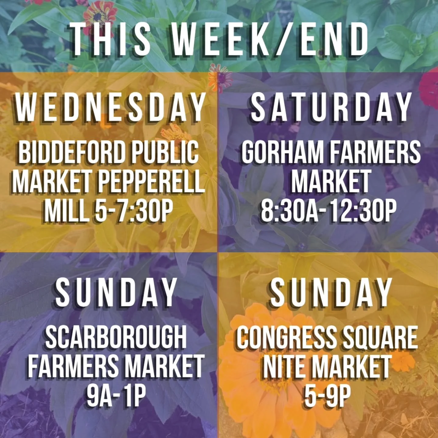 Find us this week &amp; weekend!
First up tomorrow @biddefordpublicmarket inside @pepperellmill 5-7:30p

Then catch us BACK IN GORHAM on Saturday @gorhamfarmersmkt 

And Sunday two times a lady in the morn @scarboroughfarmersmarket &amp; in the eveni