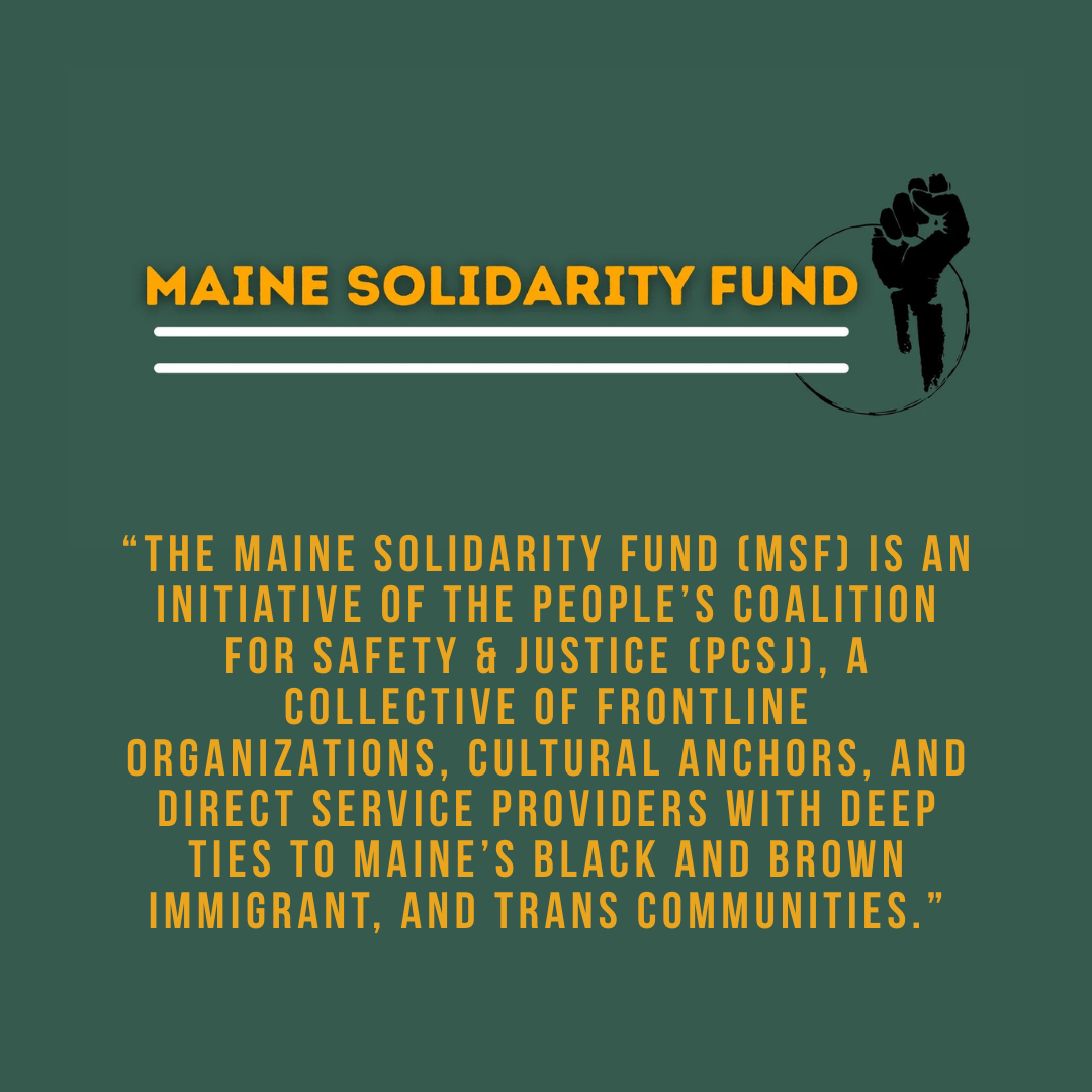 Text about the Maine Solidarity Fund on a green background, with a black clenched fist holding a microphone in the upper right corner.