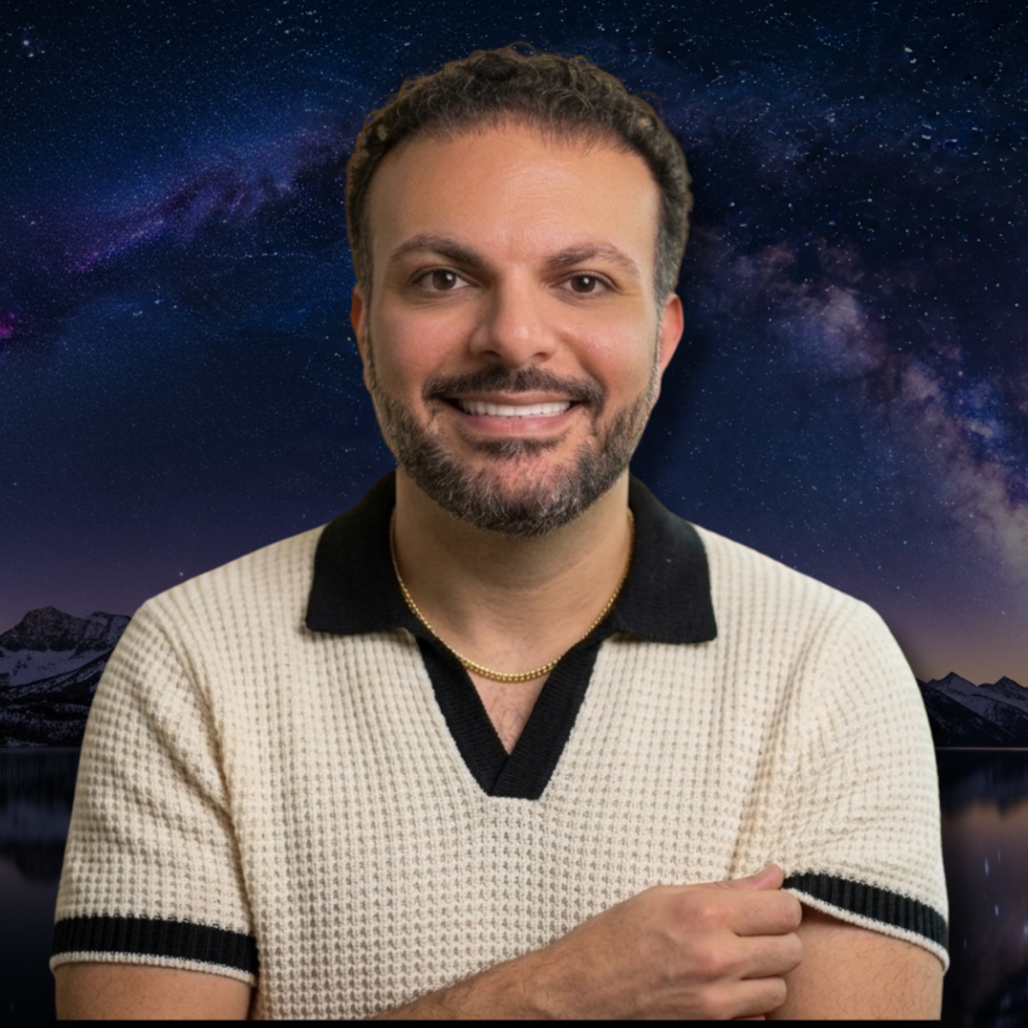 Close-up of a smiling man with curly hair, a beard, and a mustache, wearing a beige and black sweater and a gold chain, standing before a starry night sky background with mountain silhouettes.