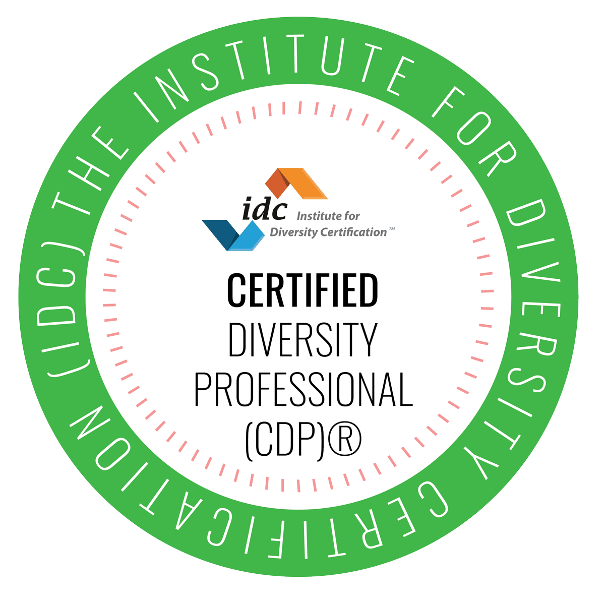 Circular certification badge with a green border stating 'The Institute for Diversity' and 'Certified Diversity Professional (CDP®)' inside. The logo of the Institute for Diversity Certification is at the top, with the words 'CERTIFIED DIVERSITY' and 'PROFESSIONAL (CDP®)' below.