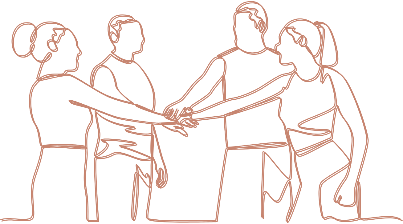 Four women and one man standing together with their hands stacked in the middle, symbolizing teamwork or unity.