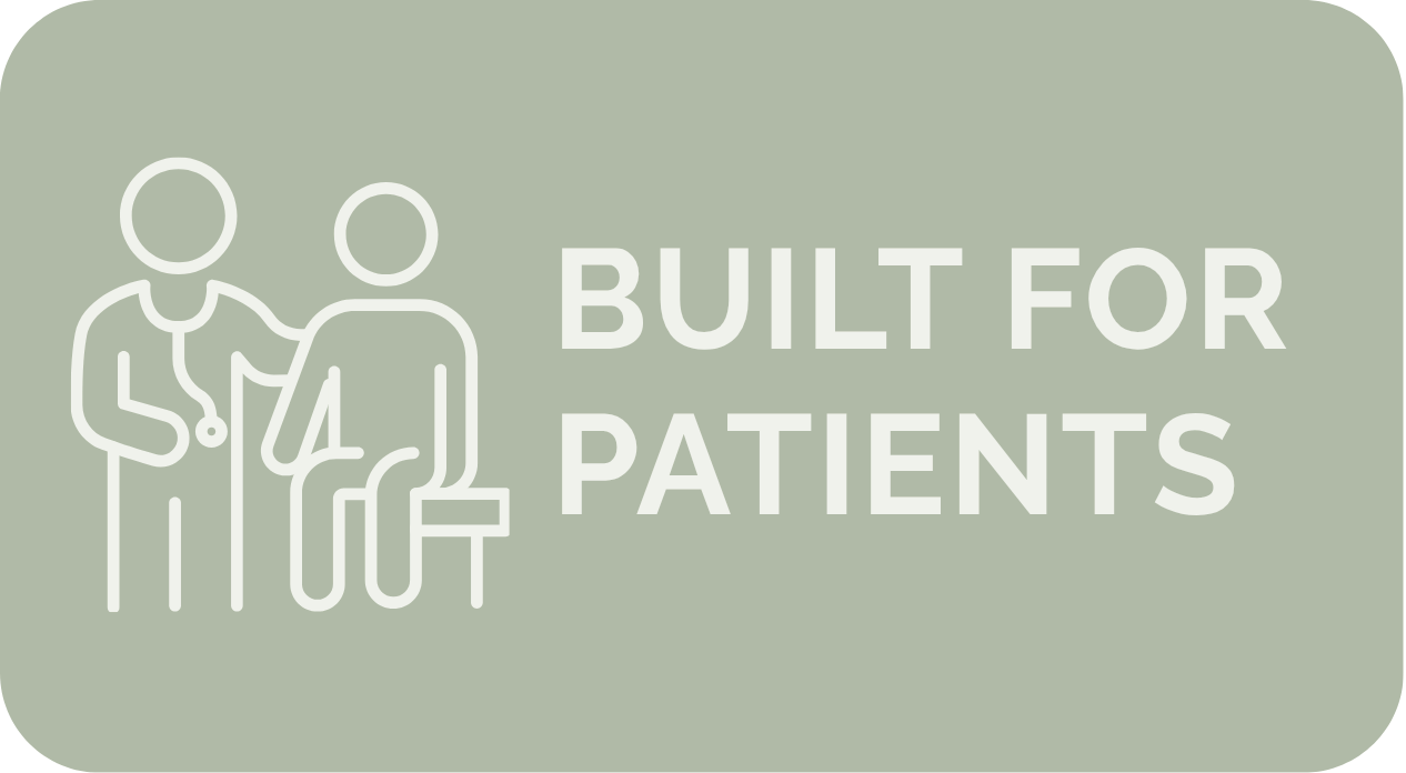 Line drawing of a healthcare professional with a stethoscope next to a seated patient with a briefcase, accompanied by the text 'Built for Patients'.
