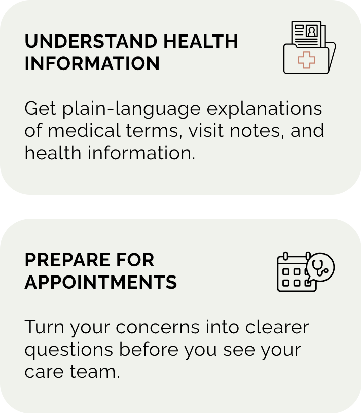 An infographic with tips for understanding health information and preparing for medical appointments. The top section advises getting plain-language explanations of medical terms and health information, and the bottom section recommends turning concerns into clear questions before seeing the care team.