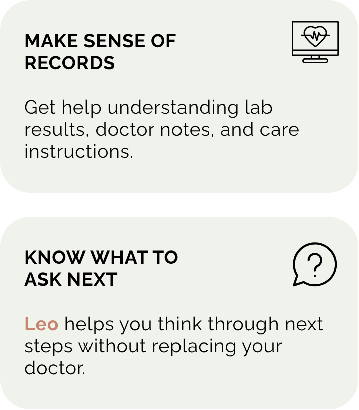 Informational graphic with tips for understanding lab results and questions to ask your doctor, including an icon of a heart rate monitor and a speech bubble.