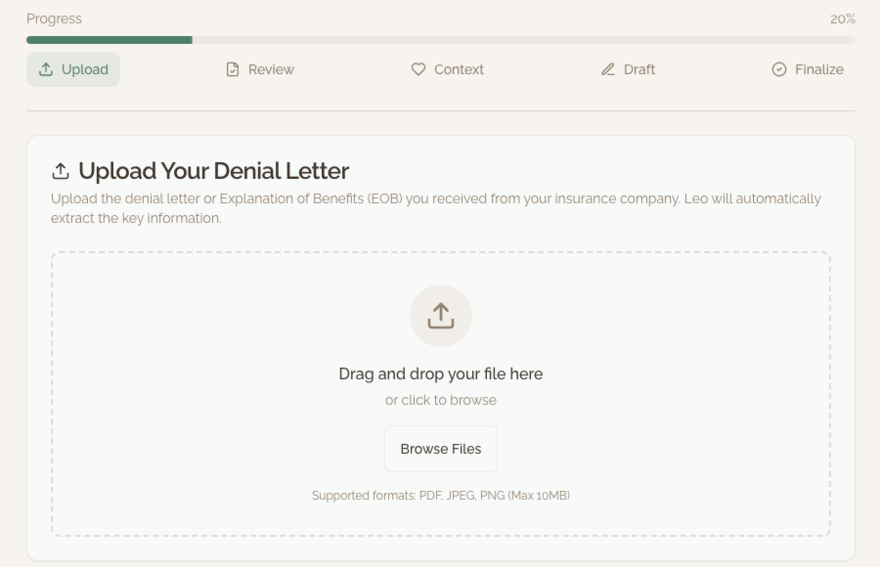 Online form titled 'Upload Your Denial Letter' with an upload area, a 'Browse Files' button, and supported formats listed below.