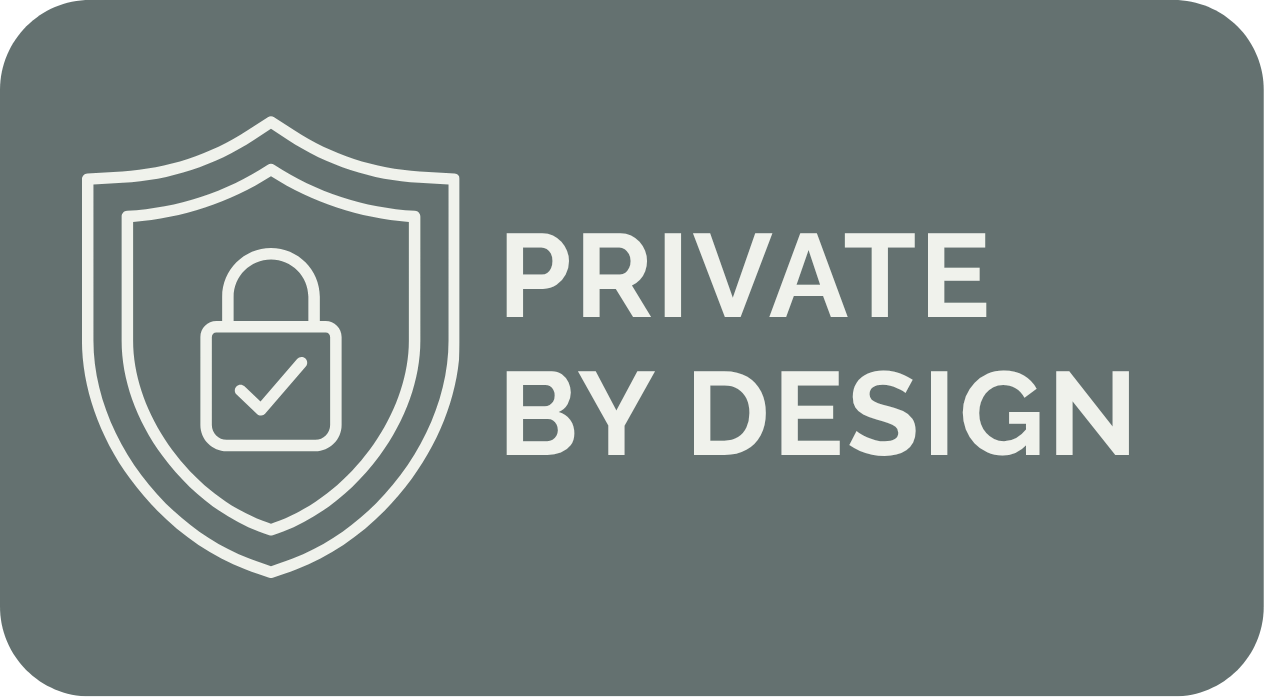 A logo with a shield containing a padlock with a checkmark, next to the text 'PRIVATE BY DESIGN' on a dark background.