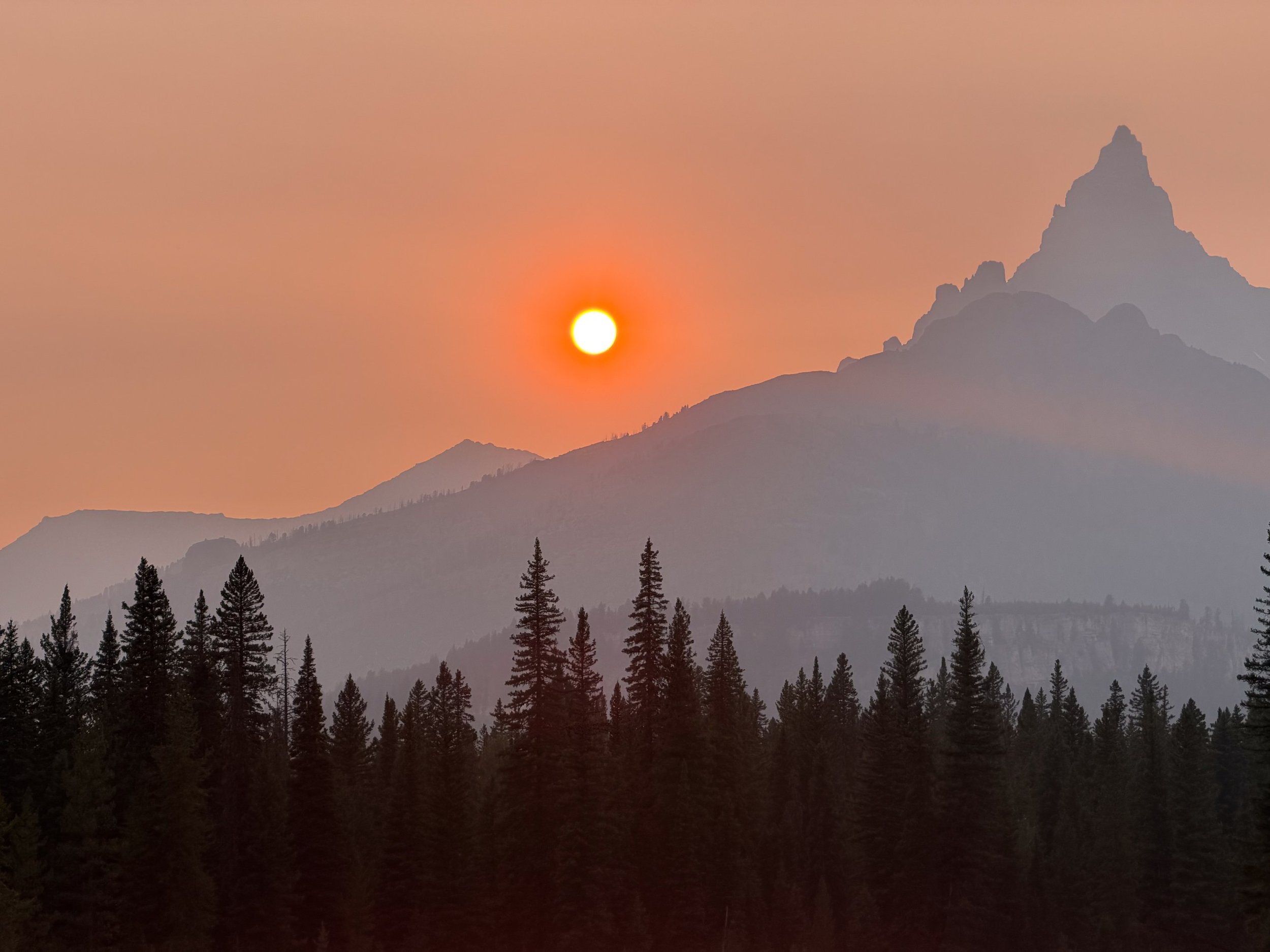 The sun sets behind layered mountain ridges and silhouetted trees.