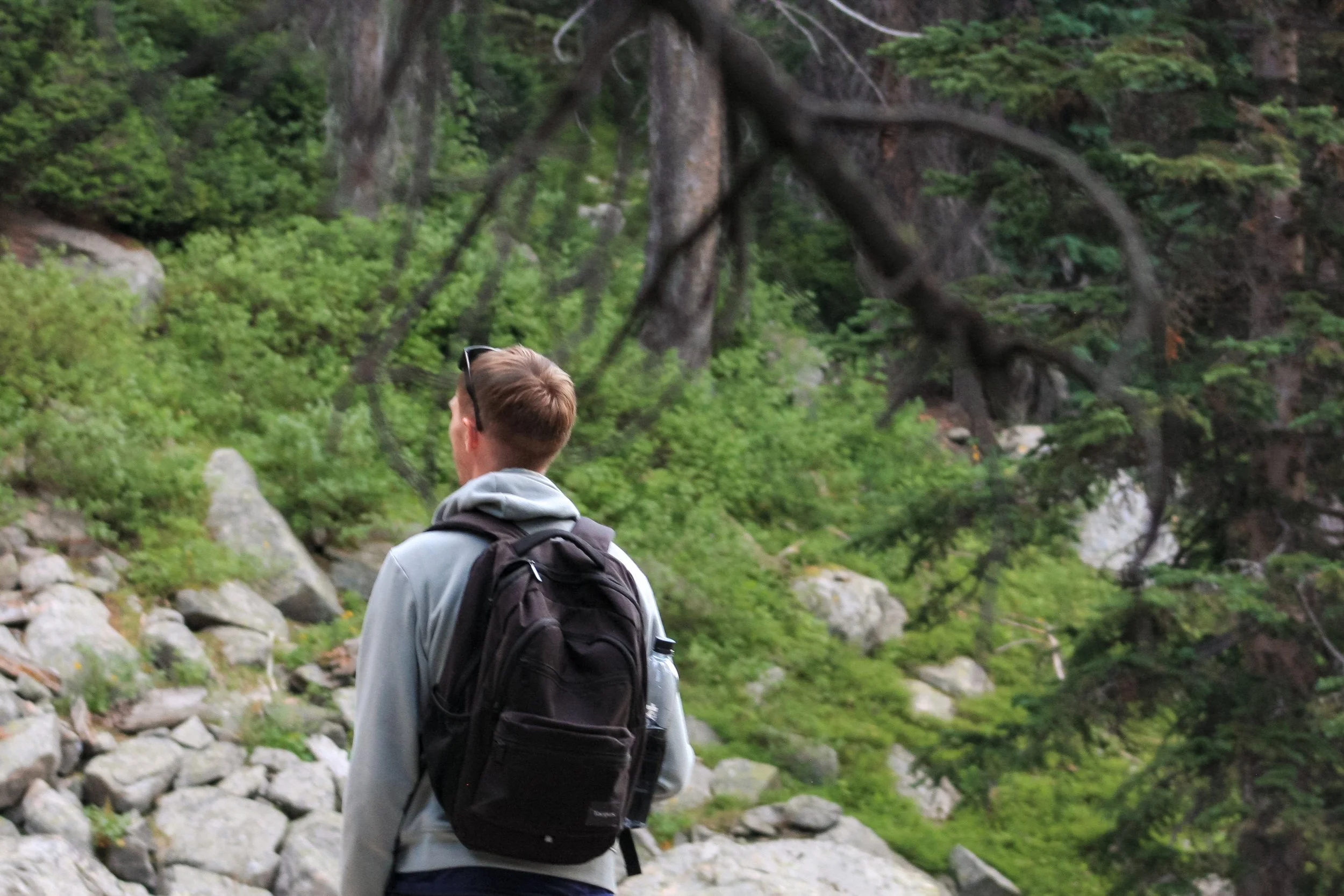 Jeremy Boyer viewed from behind on a wooded trail, wearing a light shirt and backpack.