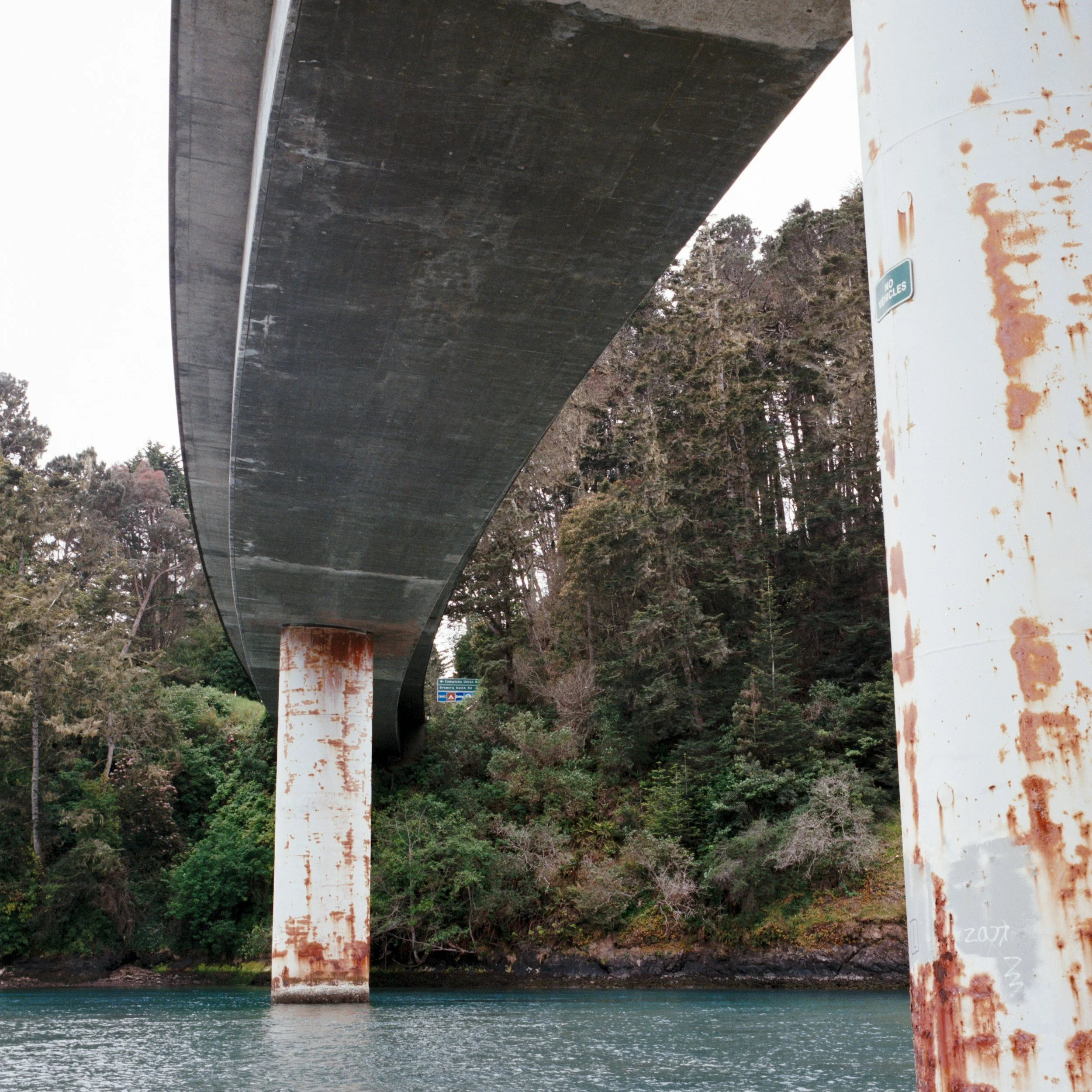 Underneath a large bridge with two rusted support columns over a body of water, surrounded by trees.