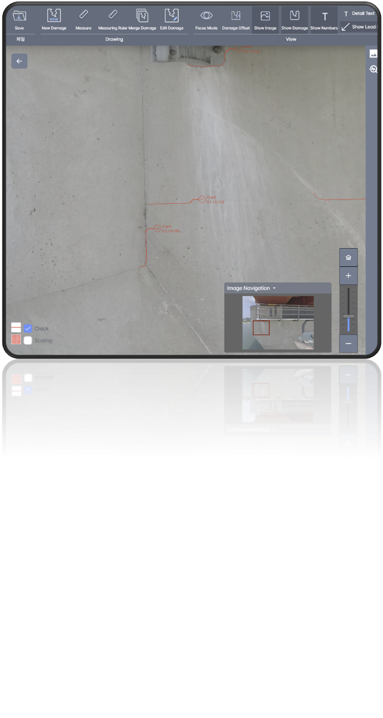 Close-up of a concrete floor with visible cracks marked and measured, with a part of a measuring device at the top edge and a small inset map showing the location of the view.
