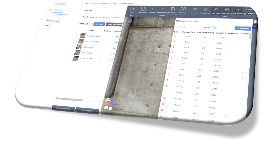 A digital inspection report displayed on a mobile device with a concrete surface and red markings in the background.