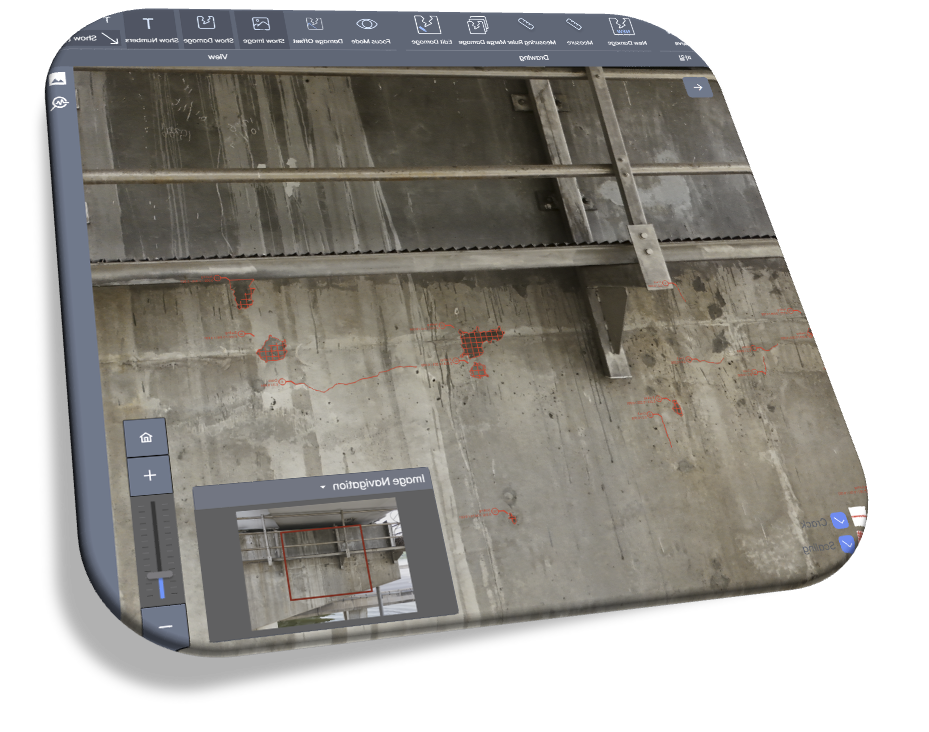 A tablet screen showing a construction or engineering app with a photo of a concrete wall, metal support beams, and markings or measurements in red overlaying the wall.