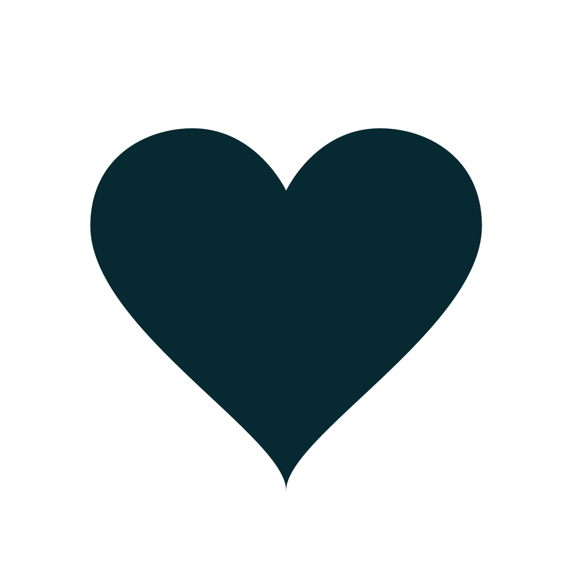 A dark teal heart with the word 'LOVE' written inside it in bold, white uppercase letters.