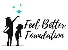 Logo for the Feel Better Foundation featuring a silhouette of an adult pointing to stars and a child standing beside them, with sparkles above