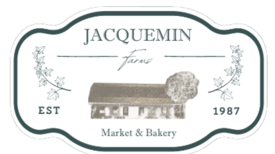 Logo for Jacquemin Farm, established in 1987, featuring a barn with a tree and floral accents, and the words 'Market & Bakery'.