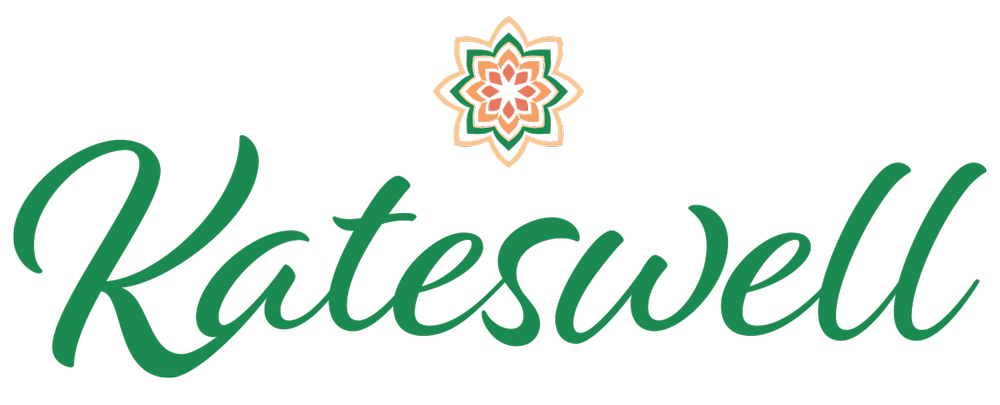 Logo with the word 'Kateswell' in green cursive font above a decorative flower-like design.