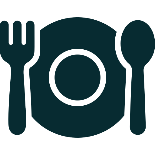 Icon of a fork on the left, a plate in the center, and a spoon on the right, representing dining or meal setting.