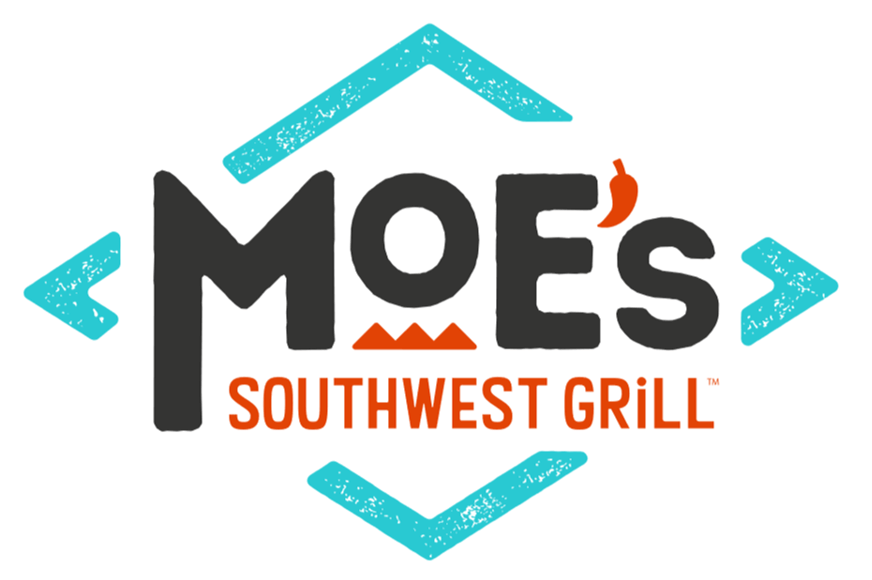Logo for Moe's Southwest Grill featuring stylized text with a small chili pepper on an 'E' and decorative blue geometric shapes.