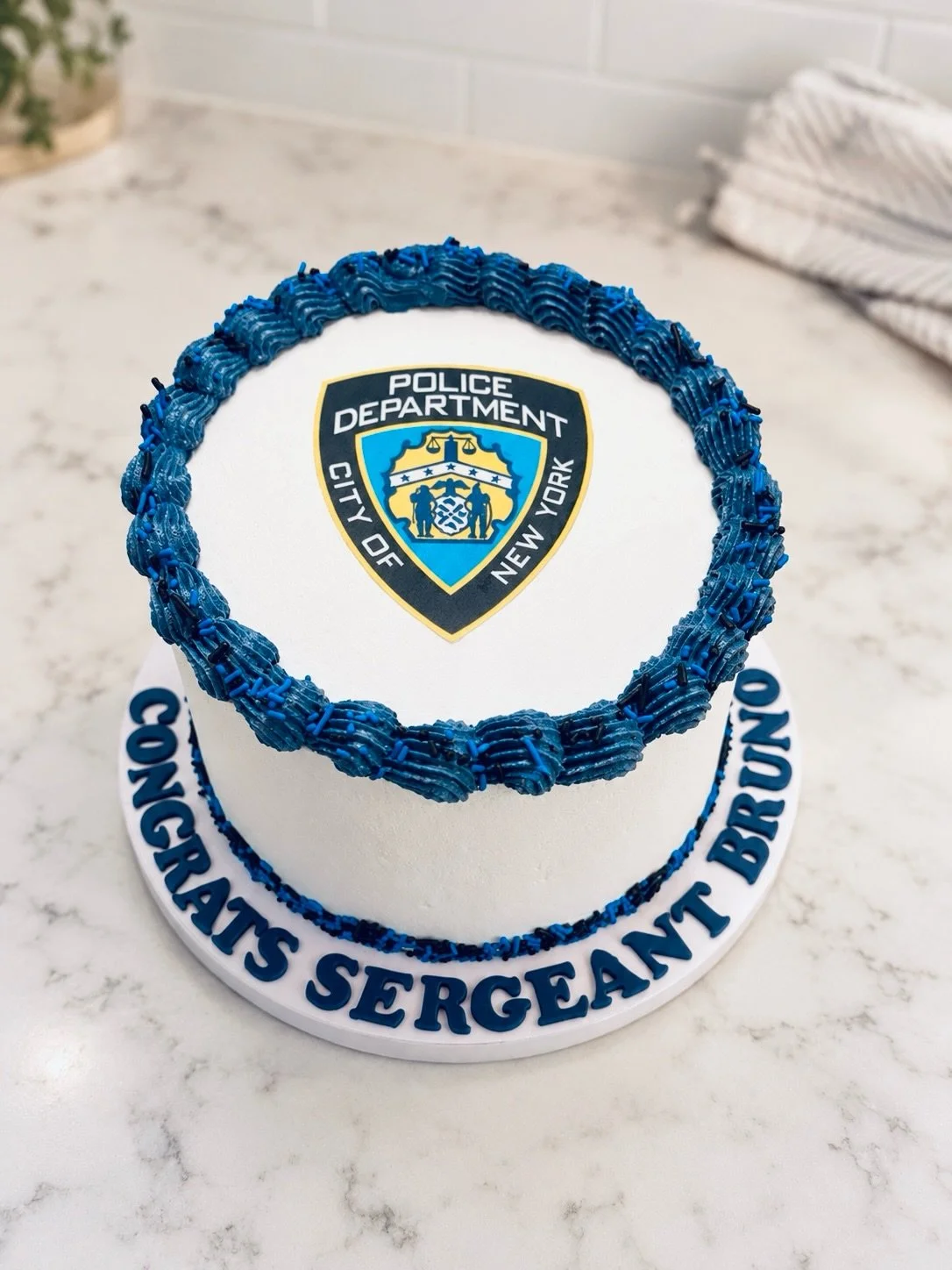 Congratulation Sergeant Bruno on your recent promotion!

Thank you for choosing @starlitcrumbbakery  for your sweet celebration!

Cake Details: 
All dairy, egg and nut free
7&rdquo; round 
Vanilla cake (3 layers)
Cookies n Cream filling
My special va