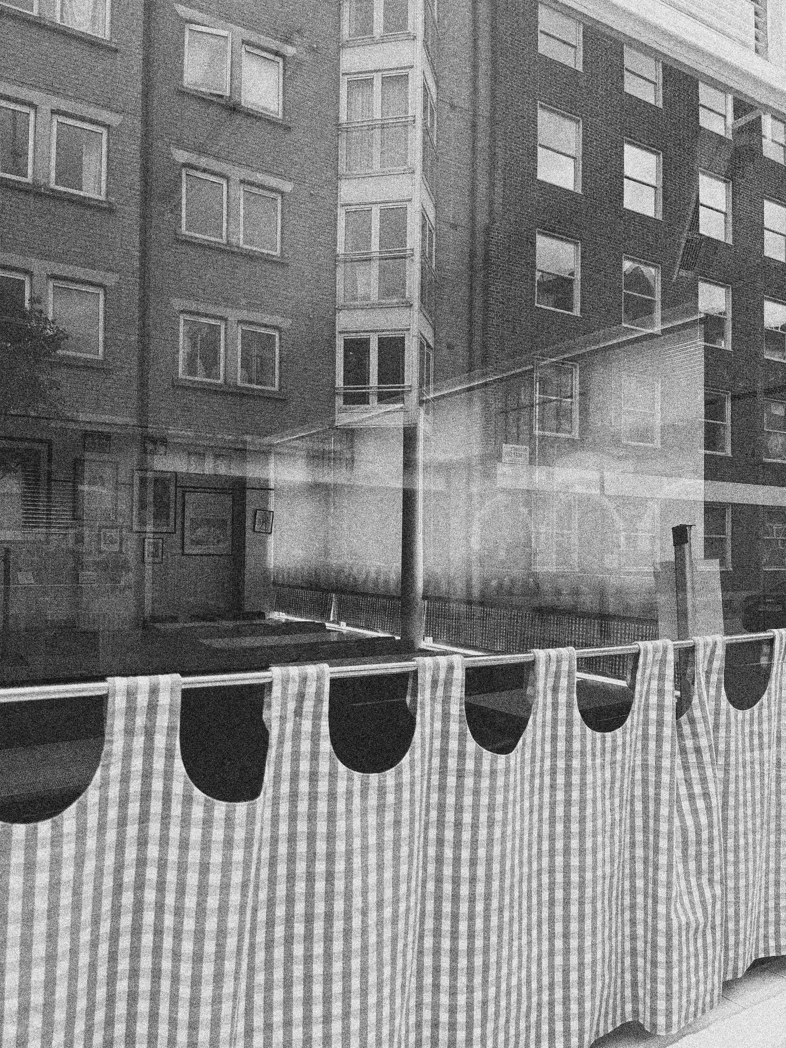 CURTAINS IN A DINER IN LONDON, ENGLAND