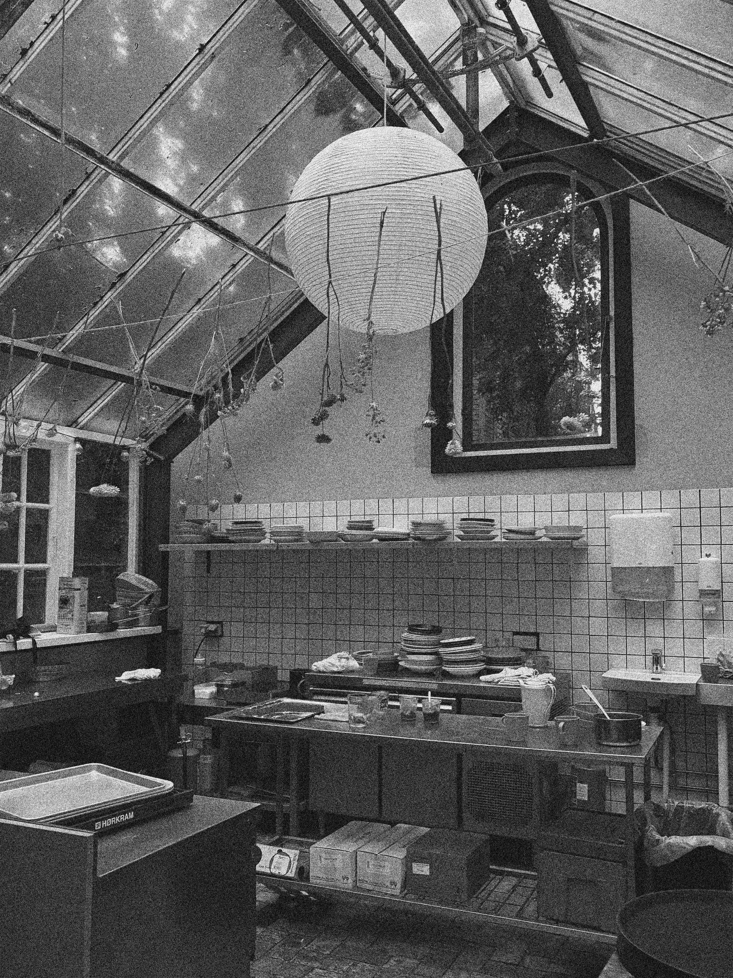 THE KITCHEN OF A GREENHOUSE IN THE WOODS IN COPENHAGEN, DENMARK