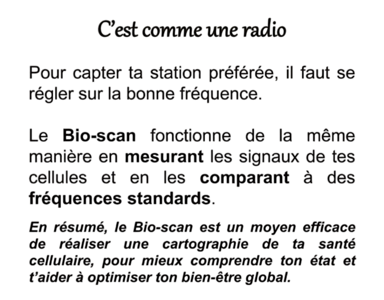 Une affiche expliquant comment régler la fréquence d'une radio, avec un texte décrivant la fonction d'un transpondeur dans un contexte médical et un conseil pour la compréhension.