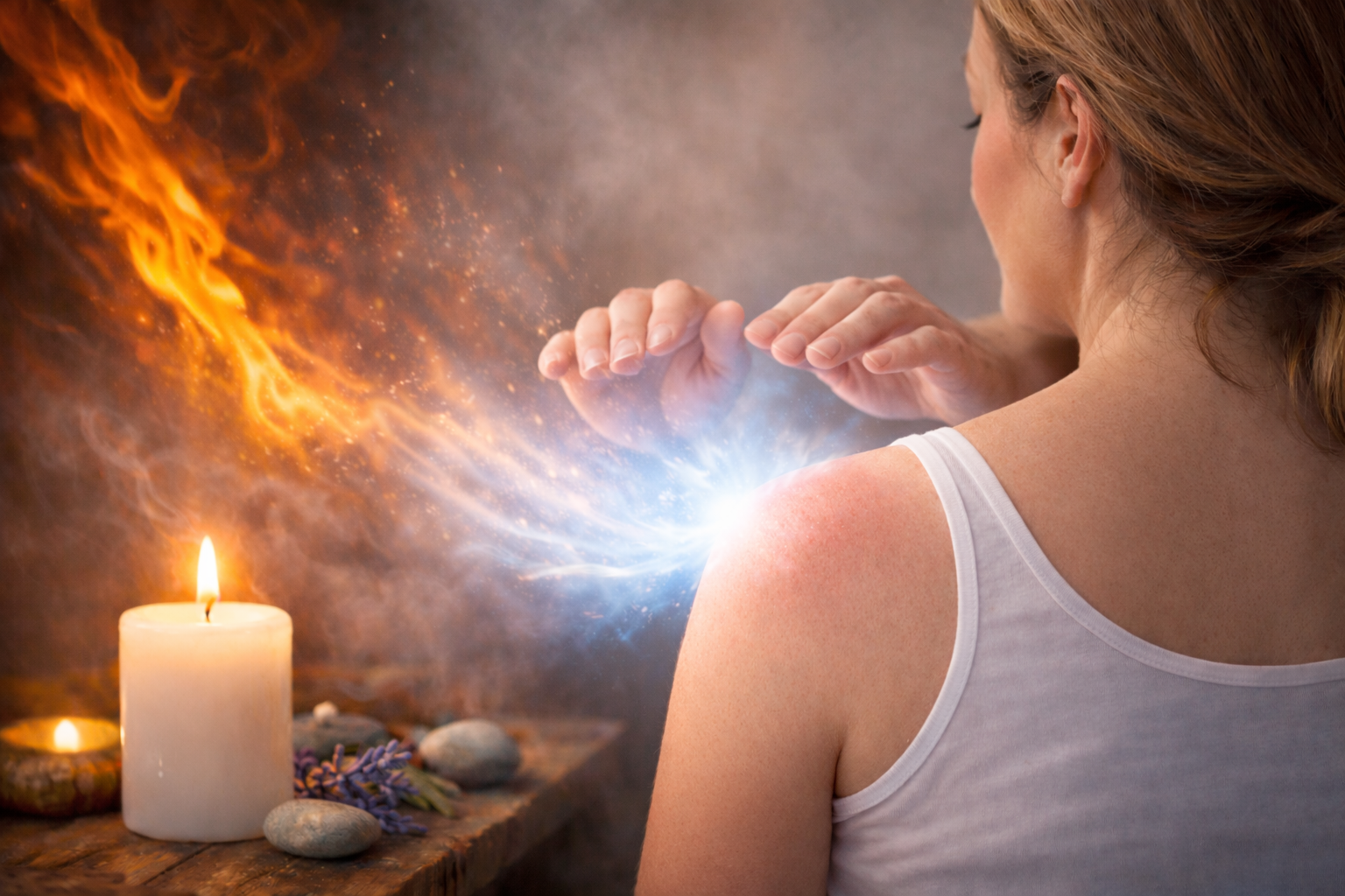 Une femme reçoit une décharge d'électricité près d'une bougie allumée, dans un contexte qui semble mystique ou spirituel.