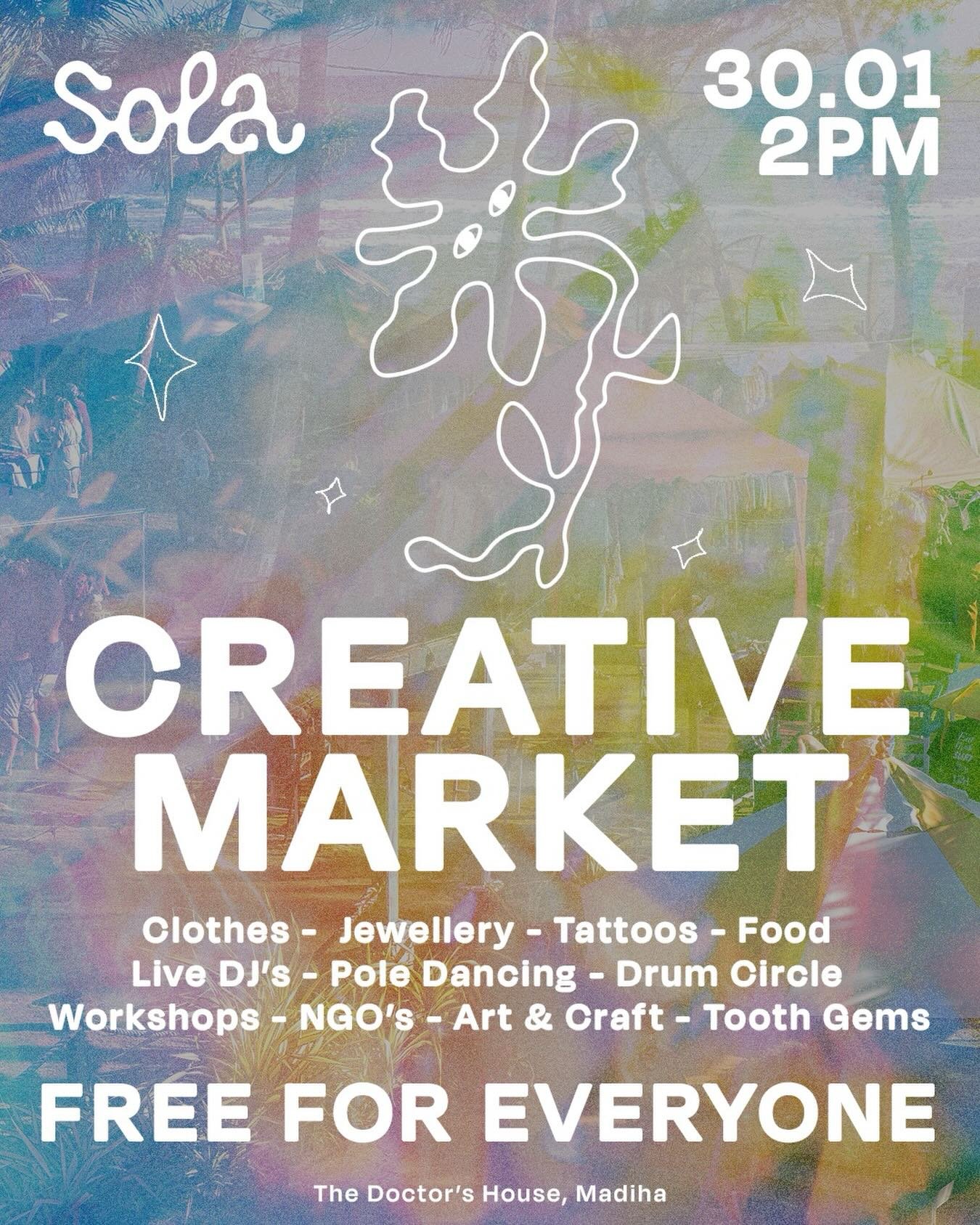 SOLA Creative Market - 30.01 🌞🪩

Free entry for everyone until 5 PM!

Welcome to our creative market, where we bring together artists, creatives, organisations, and businesses who share a common goal: contributing to a better world. The market is a