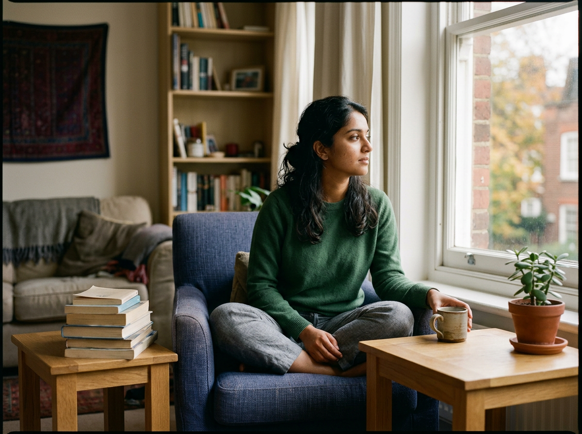 Young South Asian woman sitting cross-legged in a chair, gazing out a window in quiet self-reflection.